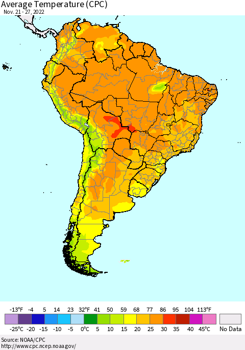 South America Average Temperature (CPC) Thematic Map For 11/21/2022 - 11/27/2022