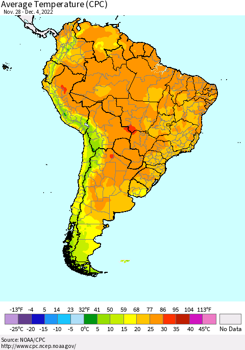 South America Average Temperature (CPC) Thematic Map For 11/28/2022 - 12/4/2022