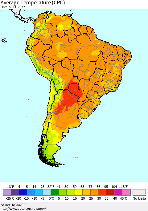 South America Average Temperature (CPC) Thematic Map For 12/5/2022 - 12/11/2022
