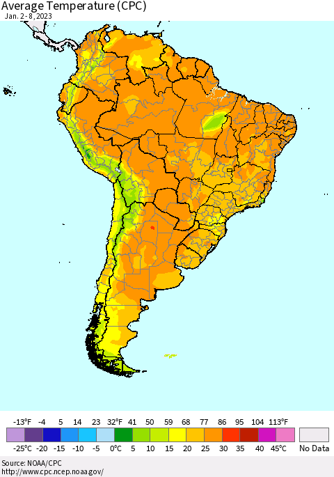 South America Average Temperature (CPC) Thematic Map For 1/2/2023 - 1/8/2023