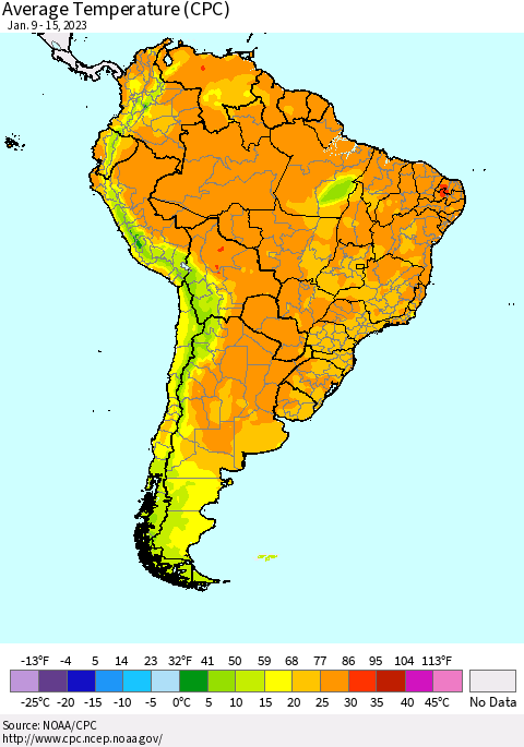 South America Average Temperature (CPC) Thematic Map For 1/9/2023 - 1/15/2023