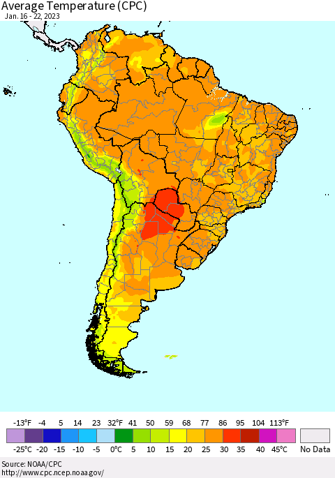 South America Average Temperature (CPC) Thematic Map For 1/16/2023 - 1/22/2023