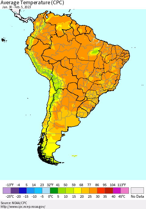 South America Average Temperature (CPC) Thematic Map For 1/30/2023 - 2/5/2023