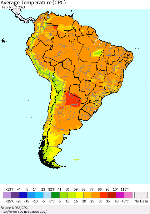 South America Average Temperature (CPC) Thematic Map For 2/6/2023 - 2/12/2023