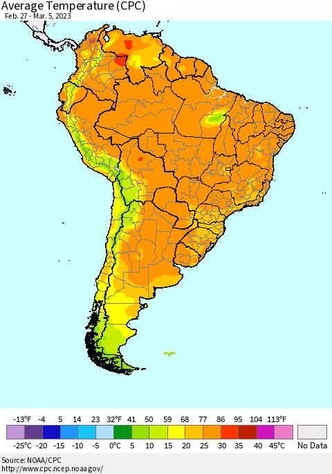 South America Average Temperature (CPC) Thematic Map For 2/27/2023 - 3/5/2023