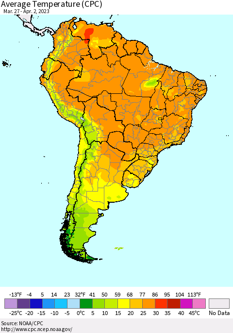 South America Average Temperature (CPC) Thematic Map For 3/27/2023 - 4/2/2023
