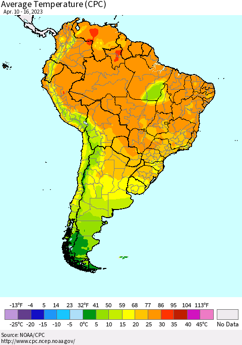 South America Average Temperature (CPC) Thematic Map For 4/10/2023 - 4/16/2023