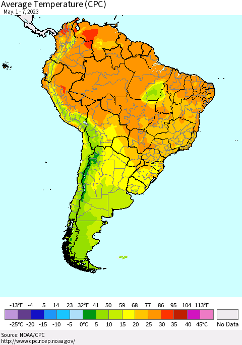 South America Average Temperature (CPC) Thematic Map For 5/1/2023 - 5/7/2023