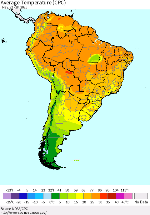 South America Average Temperature (CPC) Thematic Map For 5/22/2023 - 5/28/2023