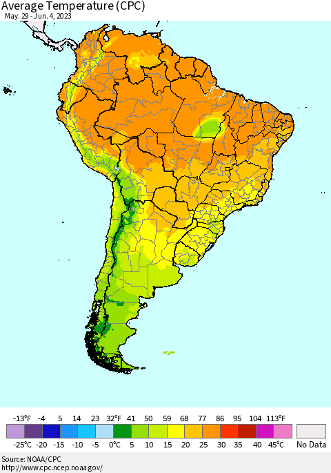 South America Average Temperature (CPC) Thematic Map For 5/29/2023 - 6/4/2023