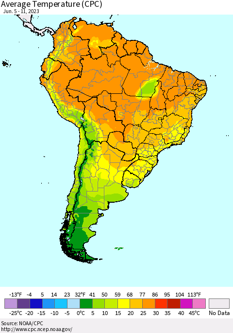 South America Average Temperature (CPC) Thematic Map For 6/5/2023 - 6/11/2023