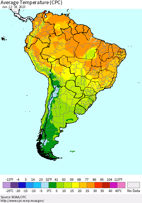 South America Average Temperature (CPC) Thematic Map For 6/12/2023 - 6/18/2023
