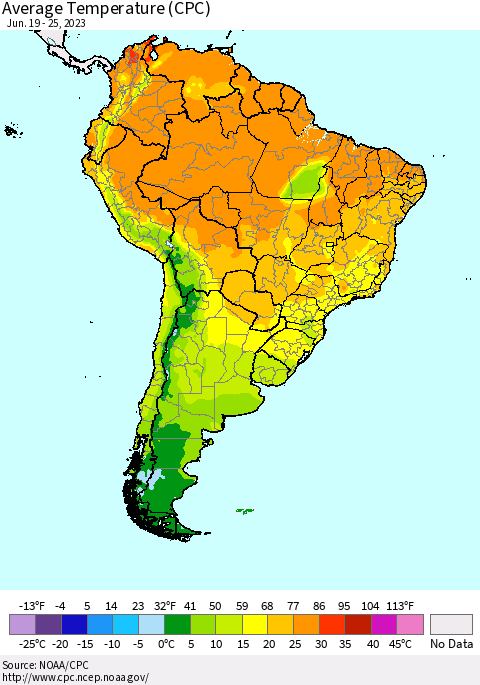 South America Average Temperature (CPC) Thematic Map For 6/19/2023 - 6/25/2023