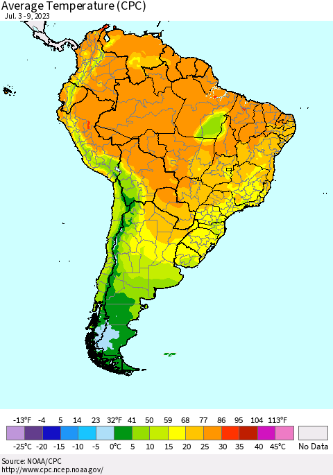 South America Average Temperature (CPC) Thematic Map For 7/3/2023 - 7/9/2023