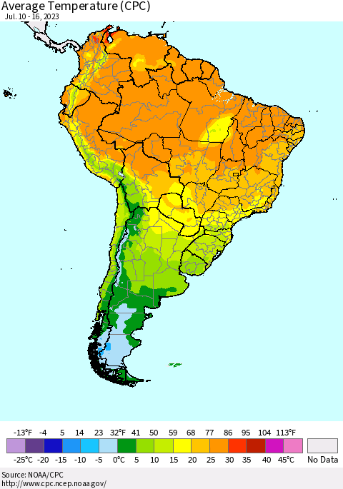 South America Average Temperature (CPC) Thematic Map For 7/10/2023 - 7/16/2023