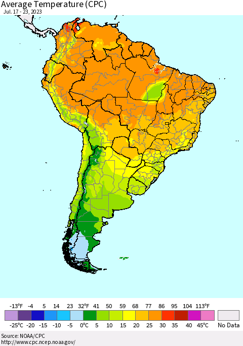South America Average Temperature (CPC) Thematic Map For 7/17/2023 - 7/23/2023
