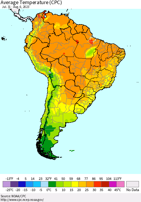 South America Average Temperature (CPC) Thematic Map For 7/31/2023 - 8/6/2023