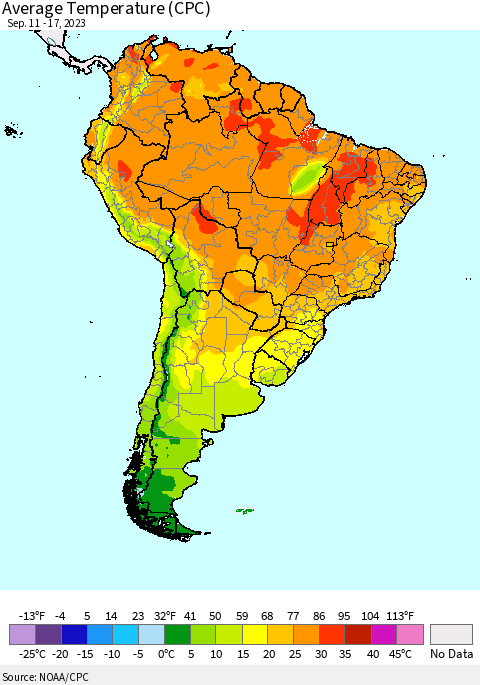 South America Average Temperature (CPC) Thematic Map For 9/11/2023 - 9/17/2023