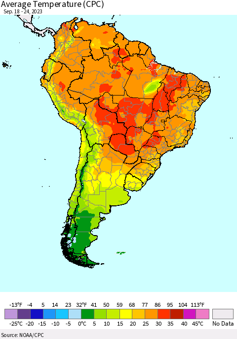 South America Average Temperature (CPC) Thematic Map For 9/18/2023 - 9/24/2023