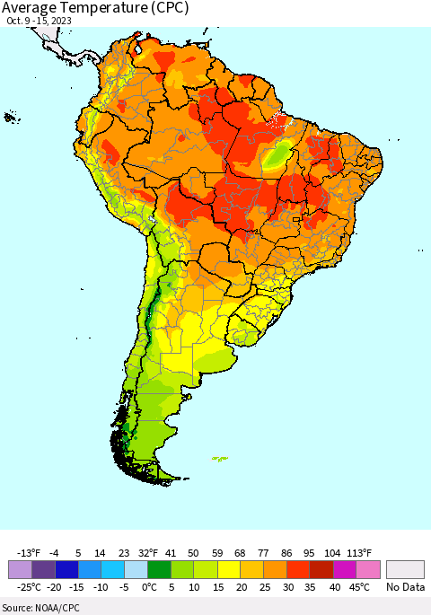 South America Average Temperature (CPC) Thematic Map For 10/9/2023 - 10/15/2023