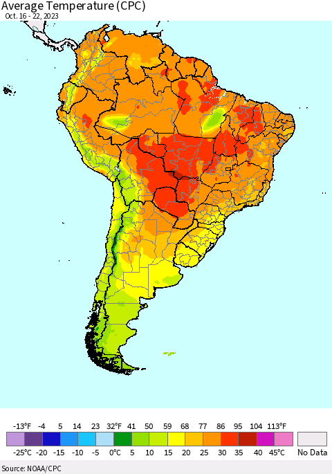 South America Average Temperature (CPC) Thematic Map For 10/16/2023 - 10/22/2023