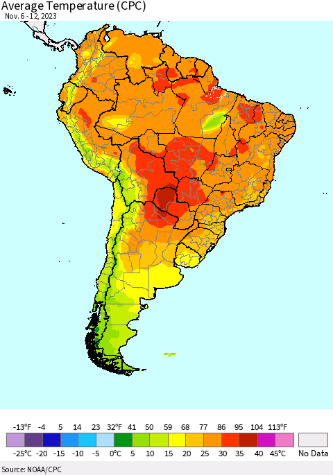 South America Average Temperature (CPC) Thematic Map For 11/6/2023 - 11/12/2023