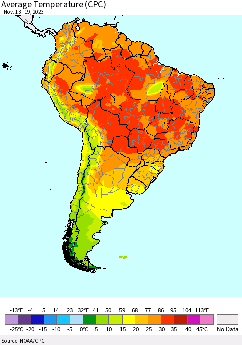South America Average Temperature (CPC) Thematic Map For 11/13/2023 - 11/19/2023