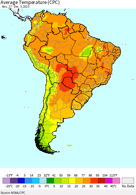 South America Average Temperature (CPC) Thematic Map For 11/27/2023 - 12/3/2023