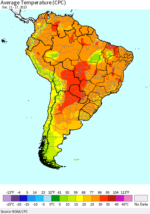 South America Average Temperature (CPC) Thematic Map For 12/11/2023 - 12/17/2023