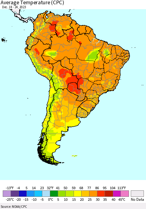 South America Average Temperature (CPC) Thematic Map For 12/18/2023 - 12/24/2023