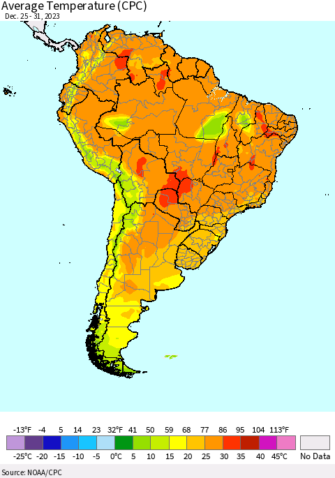 South America Average Temperature (CPC) Thematic Map For 12/25/2023 - 12/31/2023