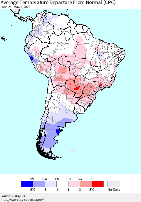 South America Average Temperature Departure from Normal (CPC) Thematic Map For 4/25/2022 - 5/1/2022