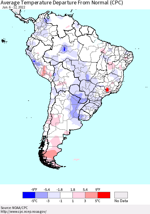 South America Average Temperature Departure from Normal (CPC) Thematic Map For 6/6/2022 - 6/12/2022