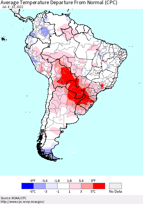 South America Average Temperature Departure from Normal (CPC) Thematic Map For 7/4/2022 - 7/10/2022