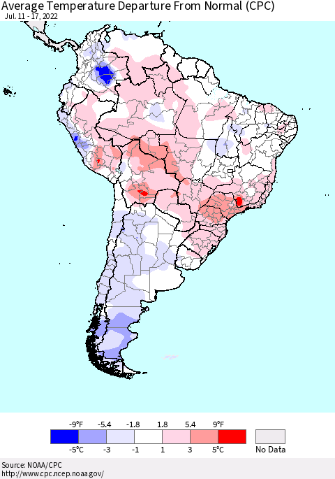 South America Average Temperature Departure from Normal (CPC) Thematic Map For 7/11/2022 - 7/17/2022