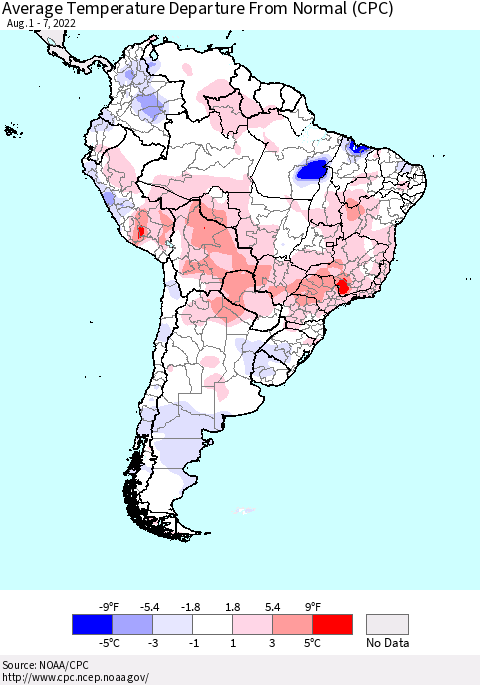 South America Average Temperature Departure from Normal (CPC) Thematic Map For 8/1/2022 - 8/7/2022