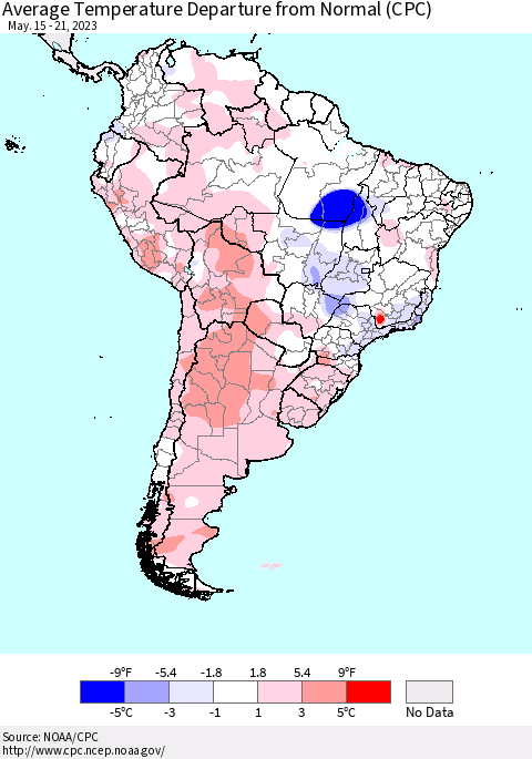 South America Average Temperature Departure from Normal (CPC) Thematic Map For 5/15/2023 - 5/21/2023