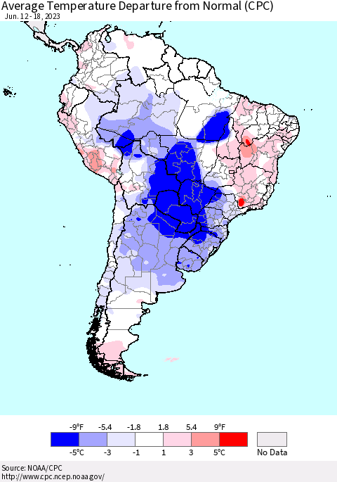 South America Average Temperature Departure from Normal (CPC) Thematic Map For 6/12/2023 - 6/18/2023