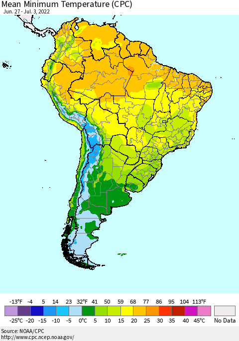 South America Mean Minimum Temperature (CPC) Thematic Map For 6/27/2022 - 7/3/2022