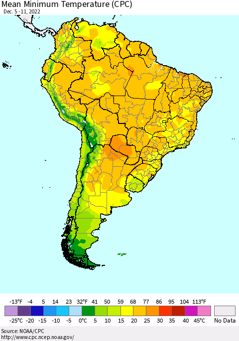 South America Mean Minimum Temperature (CPC) Thematic Map For 12/5/2022 - 12/11/2022