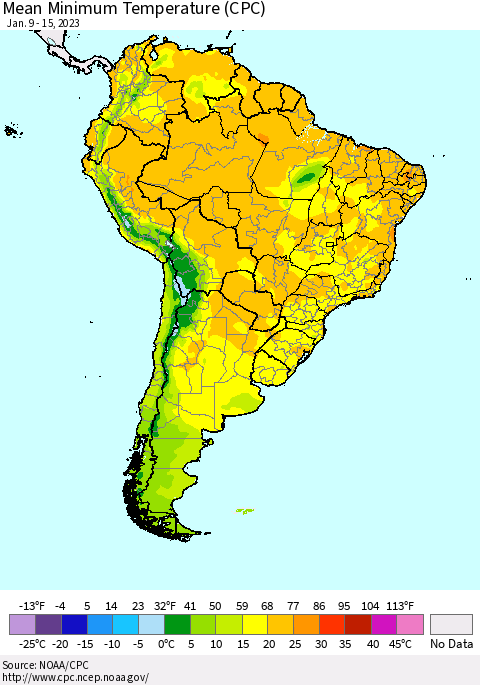 South America Mean Minimum Temperature (CPC) Thematic Map For 1/9/2023 - 1/15/2023