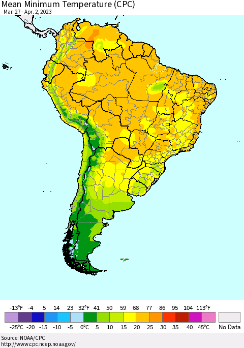 South America Mean Minimum Temperature (CPC) Thematic Map For 3/27/2023 - 4/2/2023