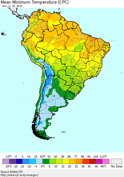 South America Mean Minimum Temperature (CPC) Thematic Map For 6/12/2023 - 6/18/2023