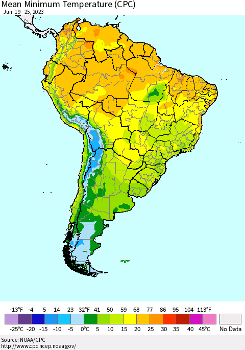 South America Mean Minimum Temperature (CPC) Thematic Map For 6/19/2023 - 6/25/2023