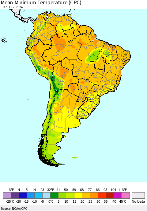 South America Mean Minimum Temperature (CPC) Thematic Map For 1/1/2024 - 1/7/2024