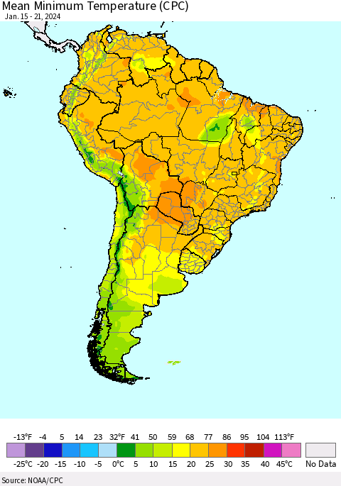 South America Mean Minimum Temperature (CPC) Thematic Map For 1/15/2024 - 1/21/2024
