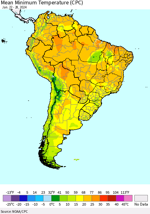 South America Mean Minimum Temperature (CPC) Thematic Map For 1/22/2024 - 1/28/2024