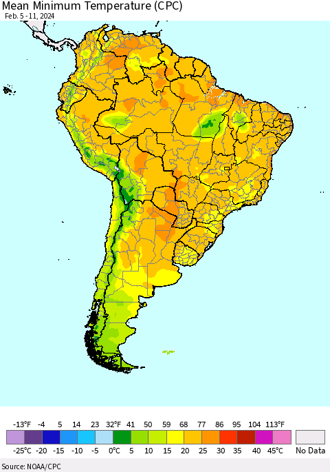 South America Mean Minimum Temperature (CPC) Thematic Map For 2/5/2024 - 2/11/2024
