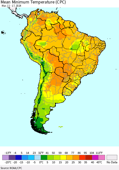 South America Mean Minimum Temperature (CPC) Thematic Map For 3/11/2024 - 3/17/2024