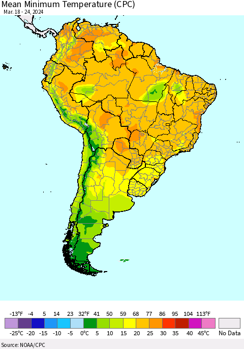 South America Mean Minimum Temperature (CPC) Thematic Map For 3/18/2024 - 3/24/2024